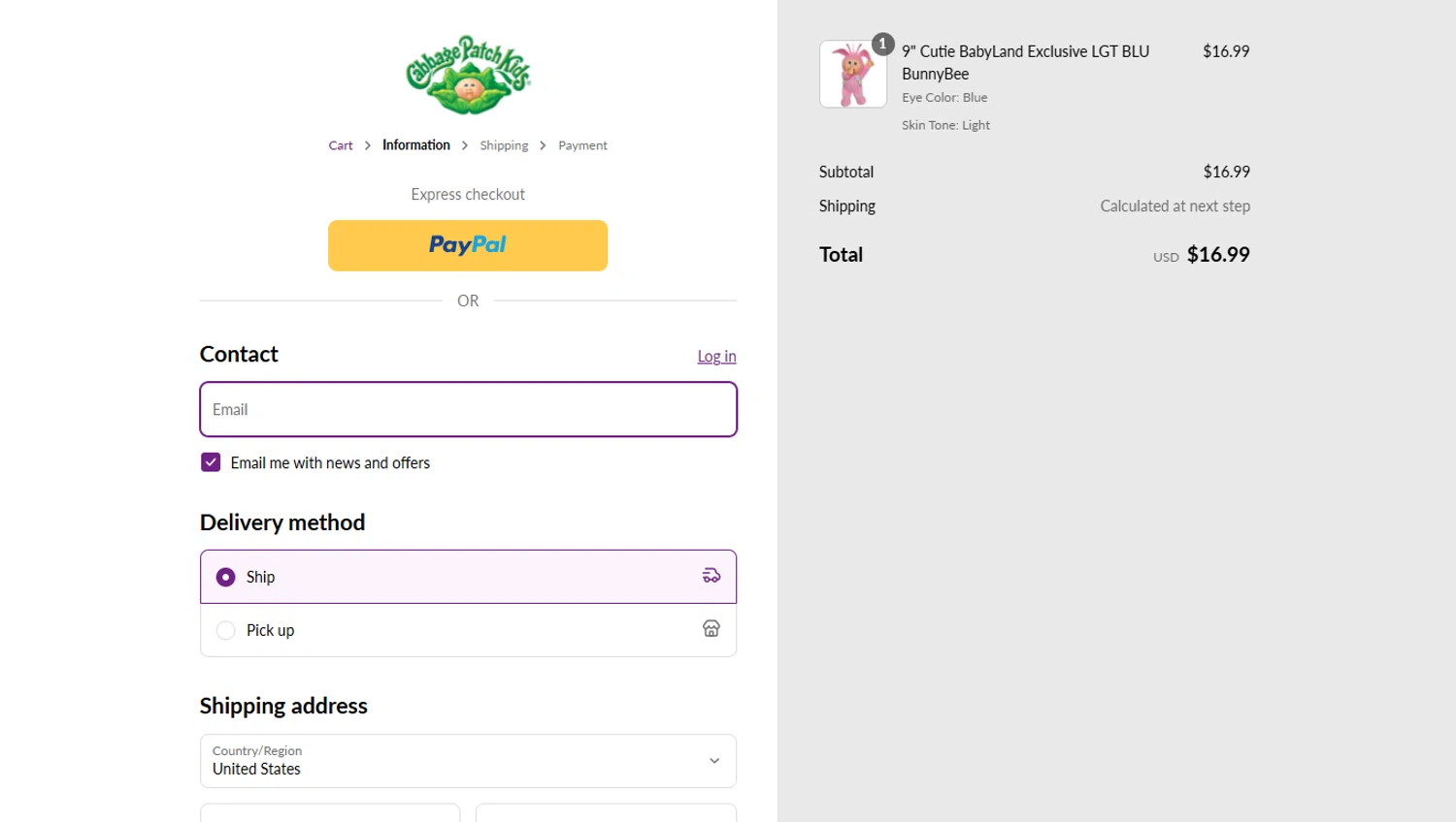 Cabbage Patch Kids discount code screenshot showing code SHIRT25 applied at Cabbage Patch Kids checkout page. Uploaded by SimplyCodes community member ScanEagle5120 on Aug 29, 2025