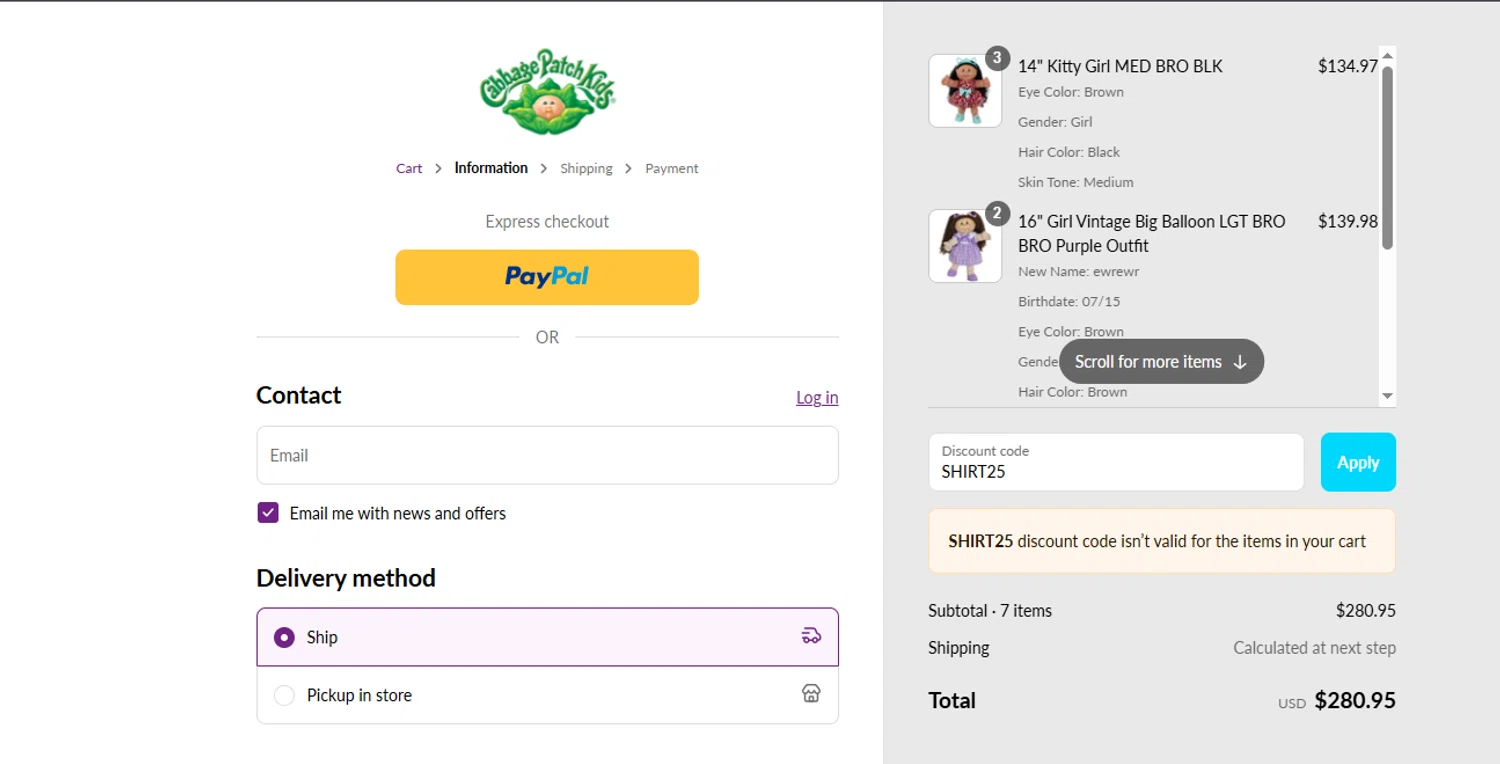 Cabbage Patch Kids discount code screenshot showing code SHIRT25 applied at Cabbage Patch Kids checkout page. Uploaded by SimplyCodes community member ashe1986 on Jul 22, 2025