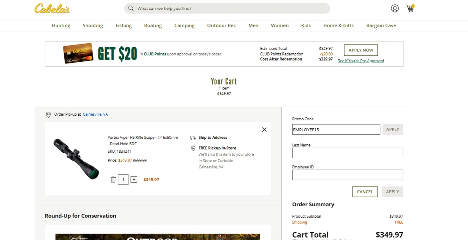 Cabelas promo code screenshot showing code EMPLOYEE15 applied at Cabelas checkout page. Uploaded by SimplyCodes community member ______ on Aug 22, 2025