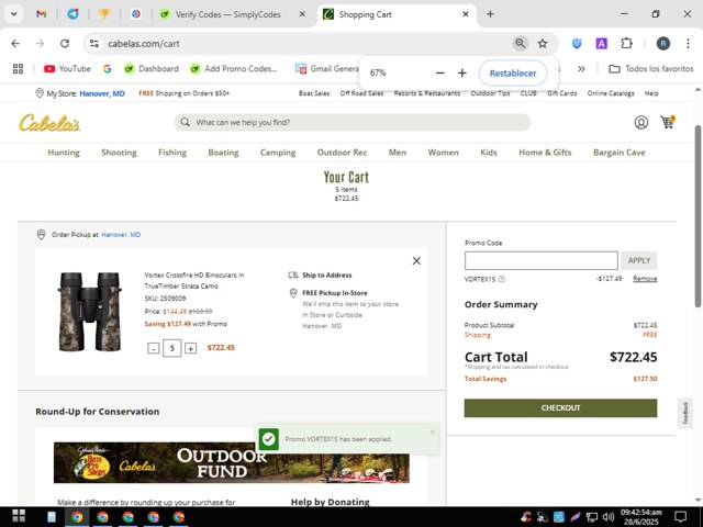 Cabelas checkout page showing Cabelas promo code box | Screenshot taken by SimplyCodes community member on Jun 28, 2025