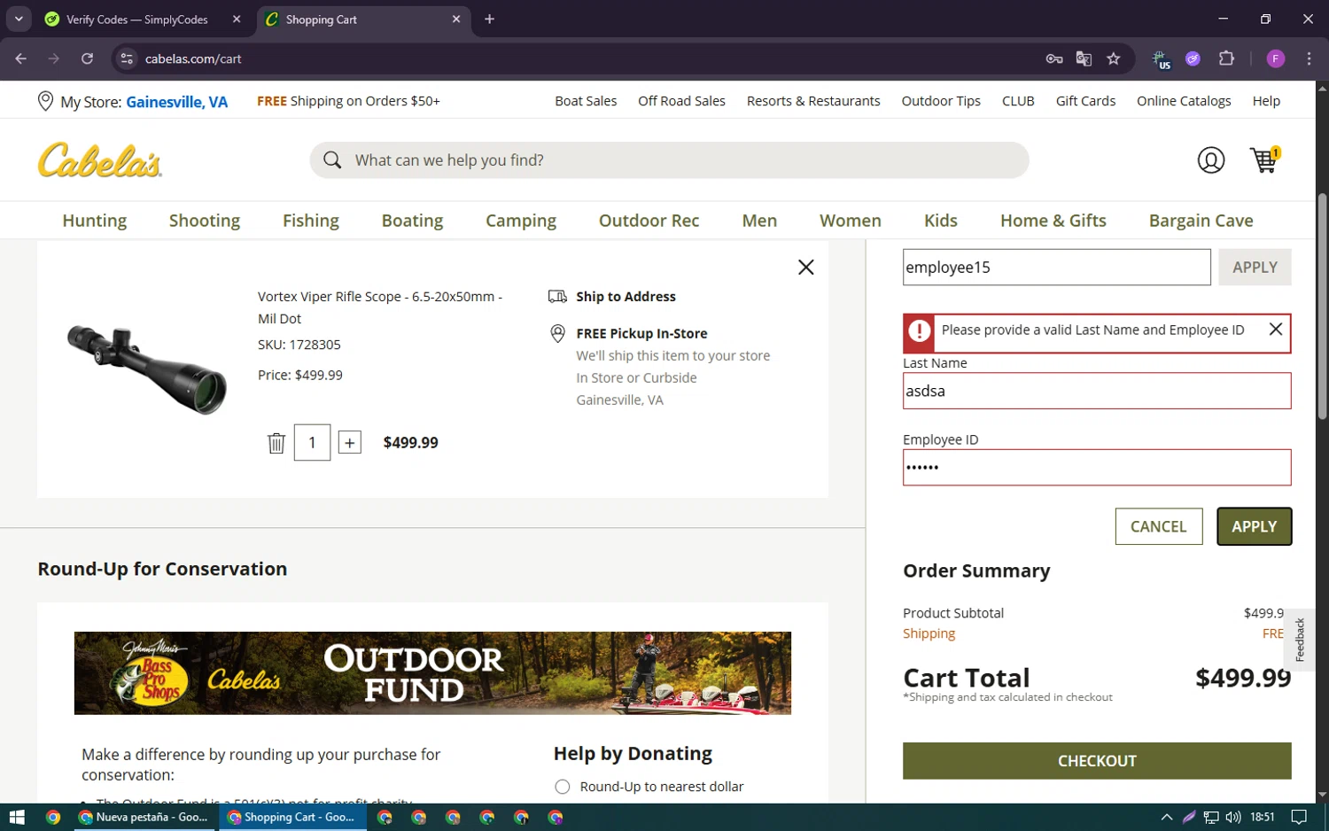 Cabelas promo code screenshot showing code employee15 applied at Cabelas checkout page. Uploaded by SimplyCodes community member CleverSpotter6431 on Aug 23, 2025