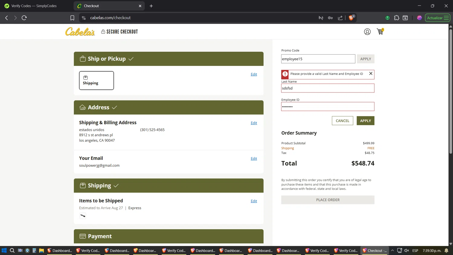 Cabelas promo code screenshot showing code employee15 applied at Cabelas checkout page. Uploaded by SimplyCodes community member JhonatanGomez on Aug 23, 2025