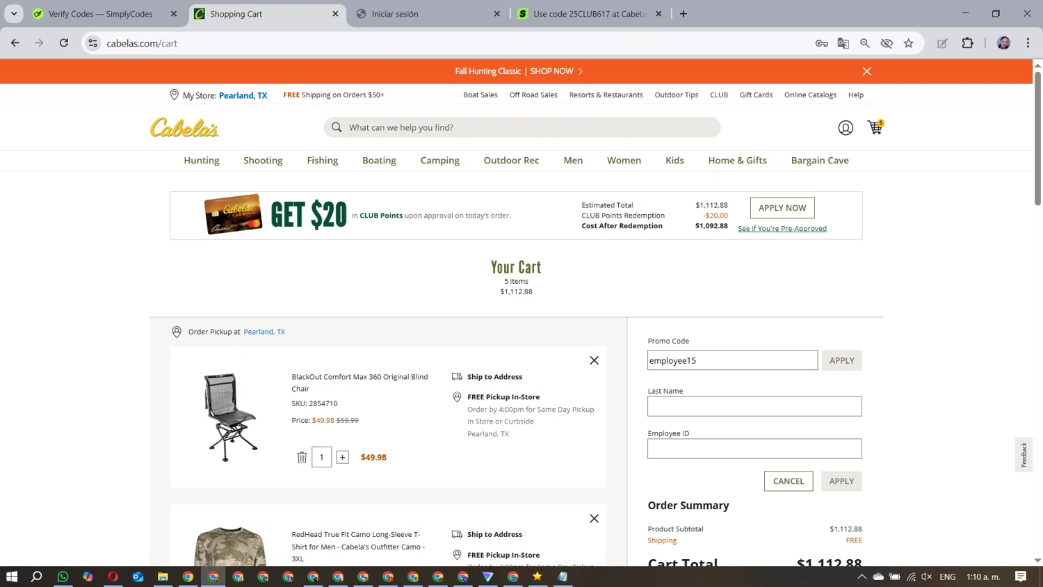 Cabelas promo code screenshot showing code employee15 applied at Cabelas checkout page. Uploaded by SimplyCodes community member MarielisPb on Aug 23, 2025