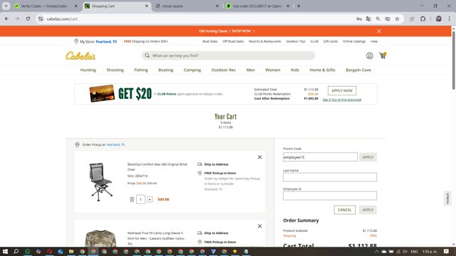 Cabelas checkout page showing Cabelas promo code box | Screenshot taken by SimplyCodes community member on Aug 23, 2025