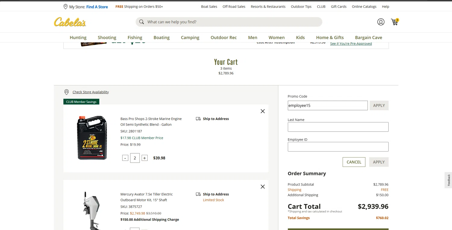 Cabelas promo code screenshot showing code employee15 applied at Cabelas checkout page. Uploaded by SimplyCodes community member suppahdealz on Aug 23, 2025