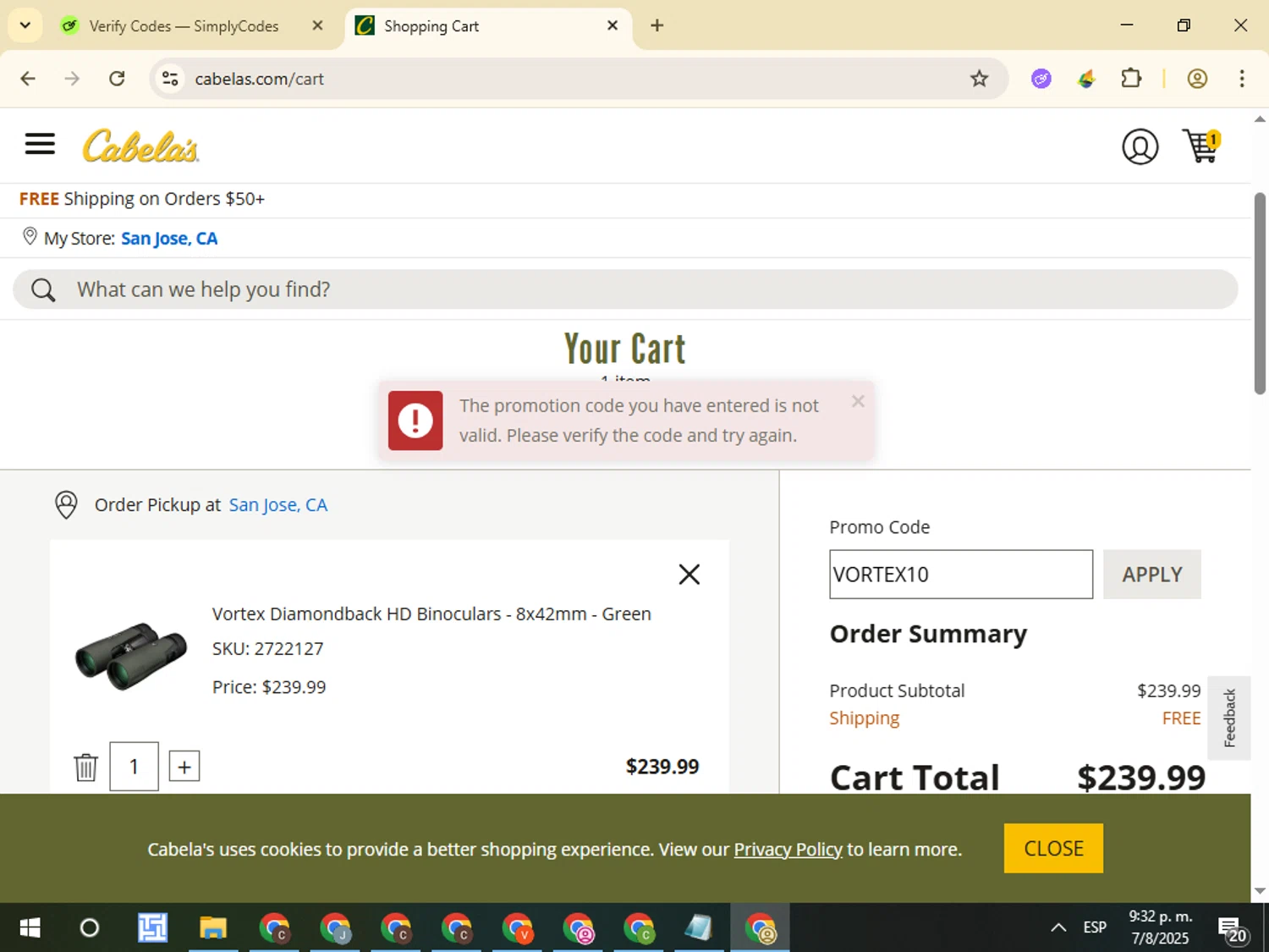 Cabelas promo code screenshot showing code VORTEX10 applied at Cabelas checkout page. Uploaded by SimplyCodes community member VictorL on Aug 8, 2025