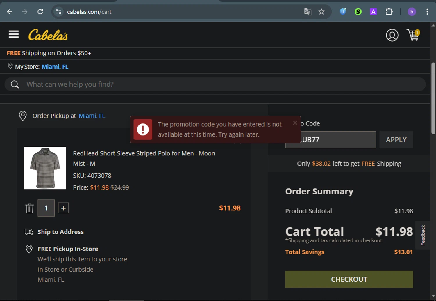 Cabelas promo code screenshot showing code 25CLUB77 applied at Cabelas checkout page. Uploaded by SimplyCodes community member ThriftyFalcon6527 on Jul 9, 2025