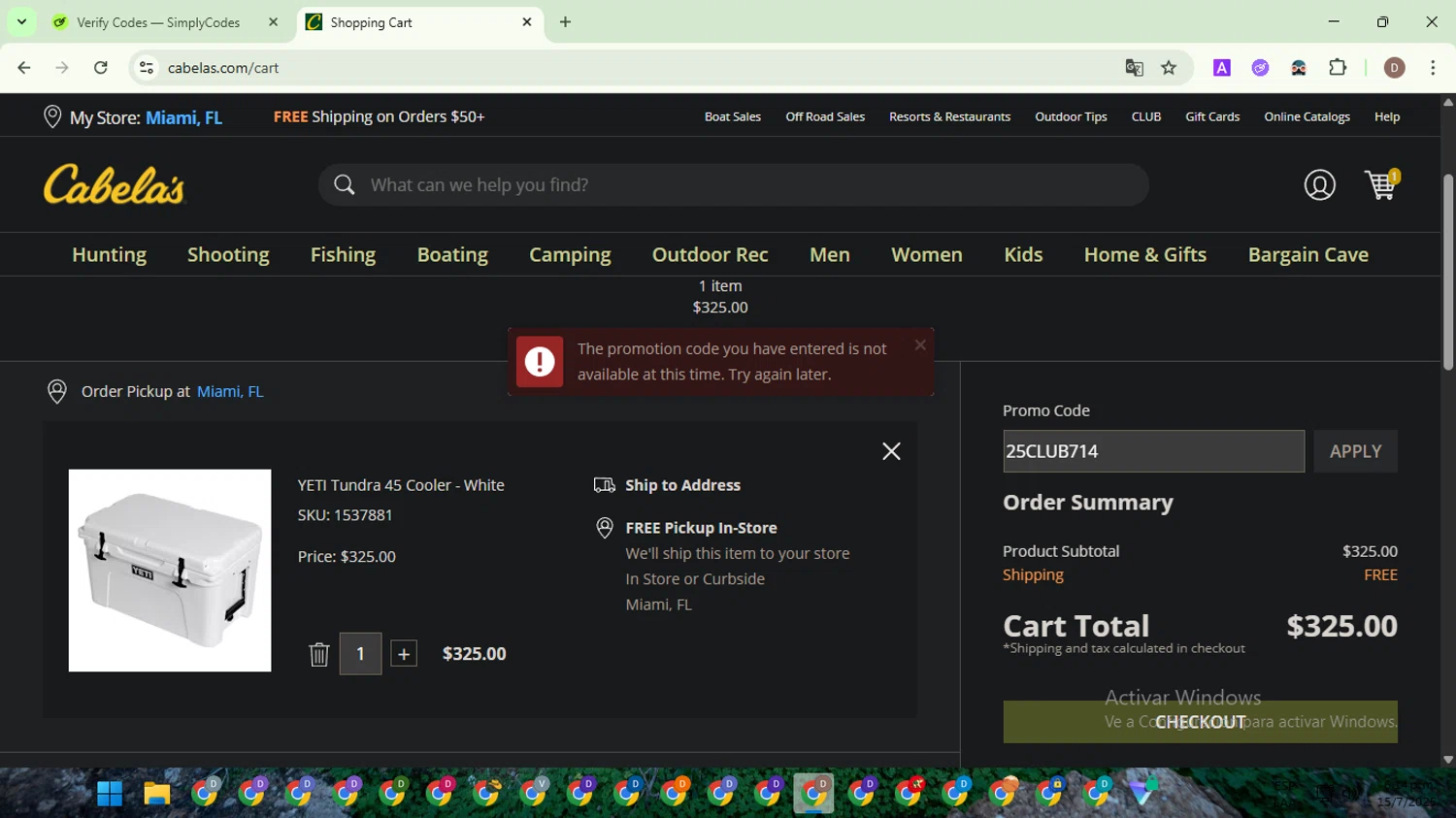 Cabelas promo code screenshot showing code 25CLUB714 applied at Cabelas checkout page. Uploaded by SimplyCodes community member NobleWarden6764 on Jul 15, 2025
