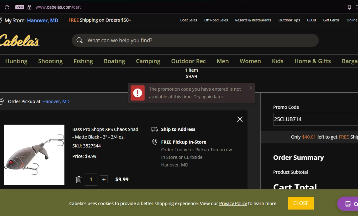 Cabelas promo code screenshot showing code 25CLUB714 applied at Cabelas checkout page. Uploaded by SimplyCodes community member chepipi on Jul 15, 2025