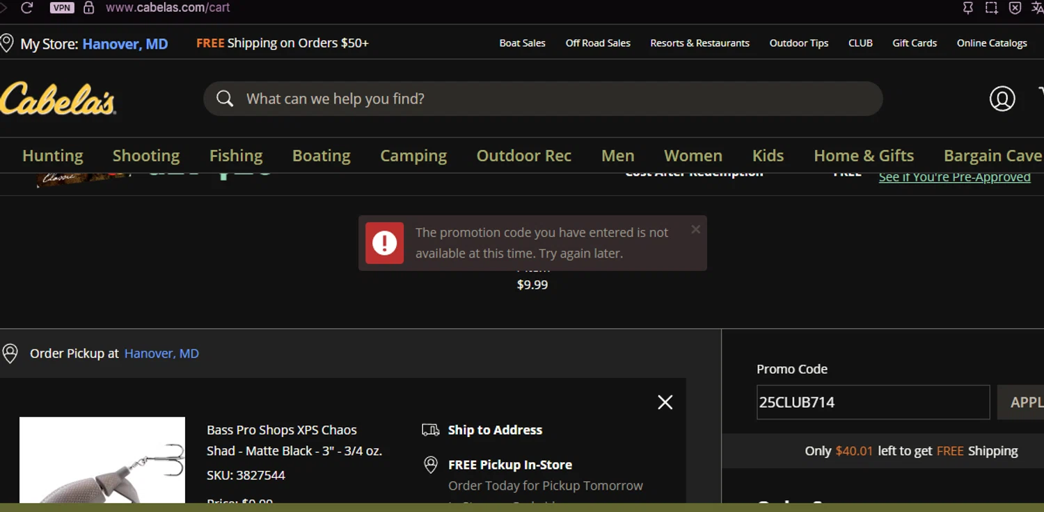 Cabelas promo code screenshot showing code 25CLUB714 applied at Cabelas checkout page. Uploaded by SimplyCodes community member chepipro on Jul 15, 2025