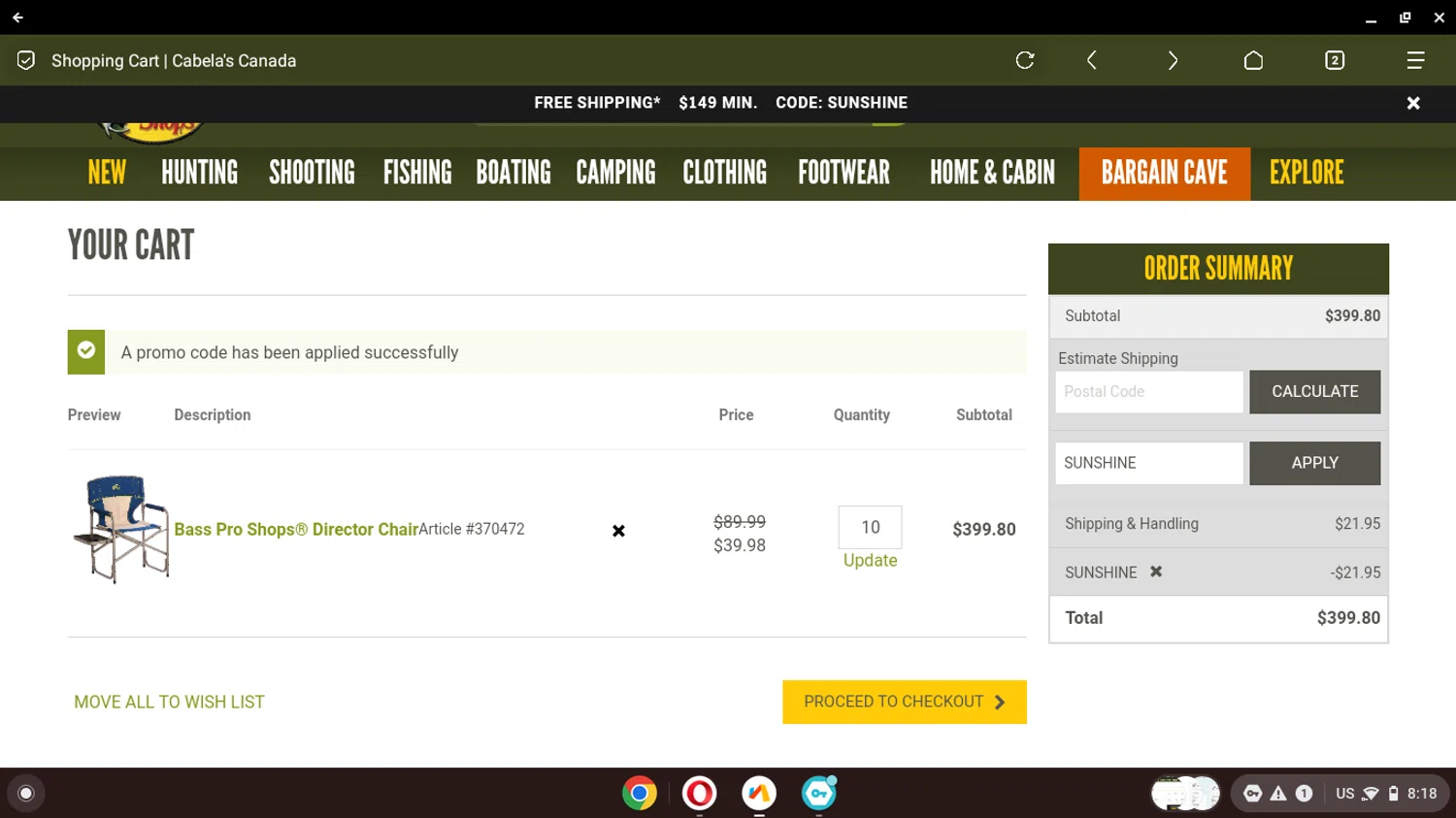 where to use Cabelas Canada promo code box