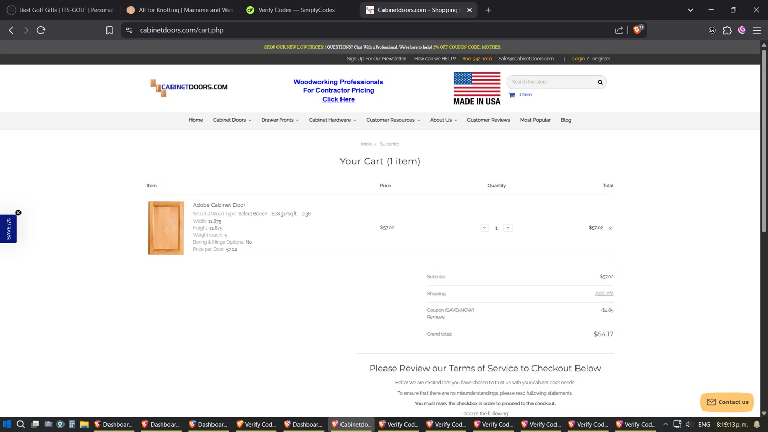 Cabinet Doors promo code screenshot showing code SAVE5NOW applied at Cabinet Doors checkout page. Uploaded by SimplyCodes community member Phoenix on May 11, 2025