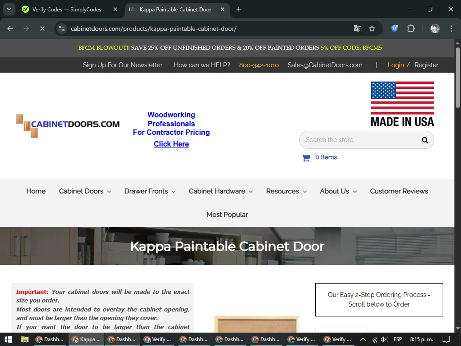 Cabinet Doors promo code screenshot showing code BFCM5 applied at Cabinet Doors checkout page. Uploaded by SimplyCodes community member CleverLegend6607 on Nov 29, 2025