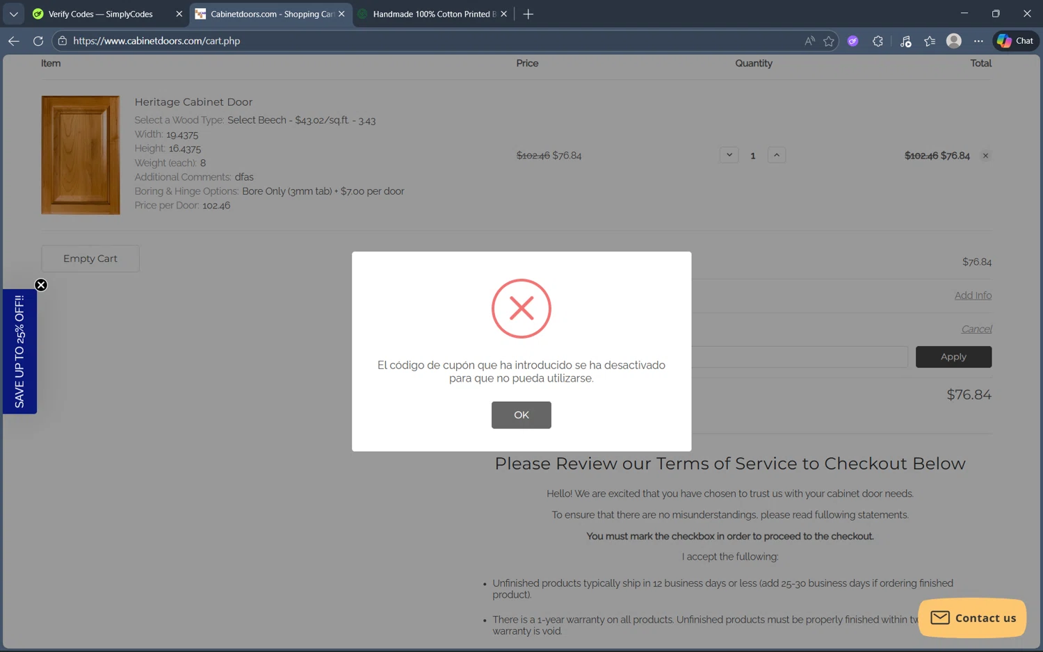 Cabinet Doors promo code screenshot showing code BFCM5 applied at Cabinet Doors checkout page. Uploaded by SimplyCodes community member frijolito on Dec 27, 2025