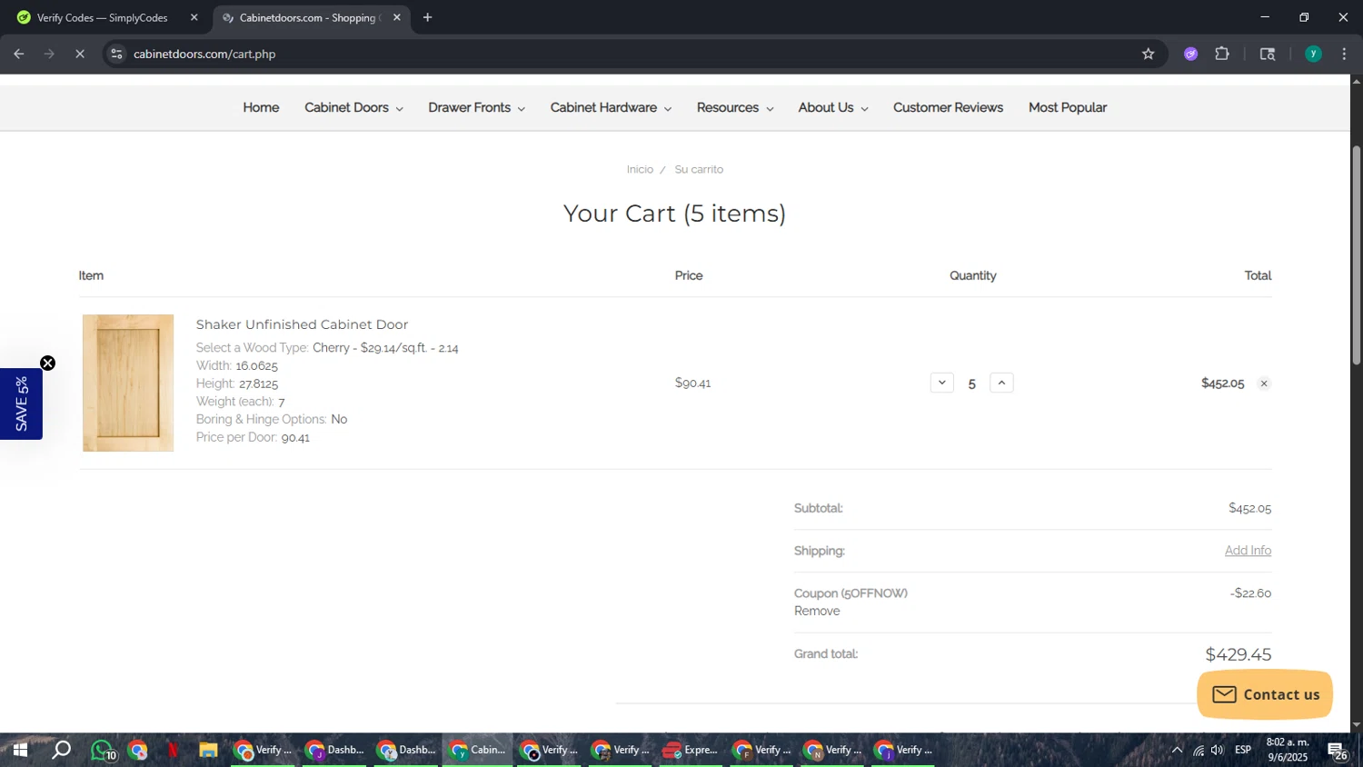 Cabinet Doors promo code screenshot showing code 5OFFNOW applied at Cabinet Doors checkout page. Uploaded by SimplyCodes community member FrugalCaptain6906 on Jun 9, 2025