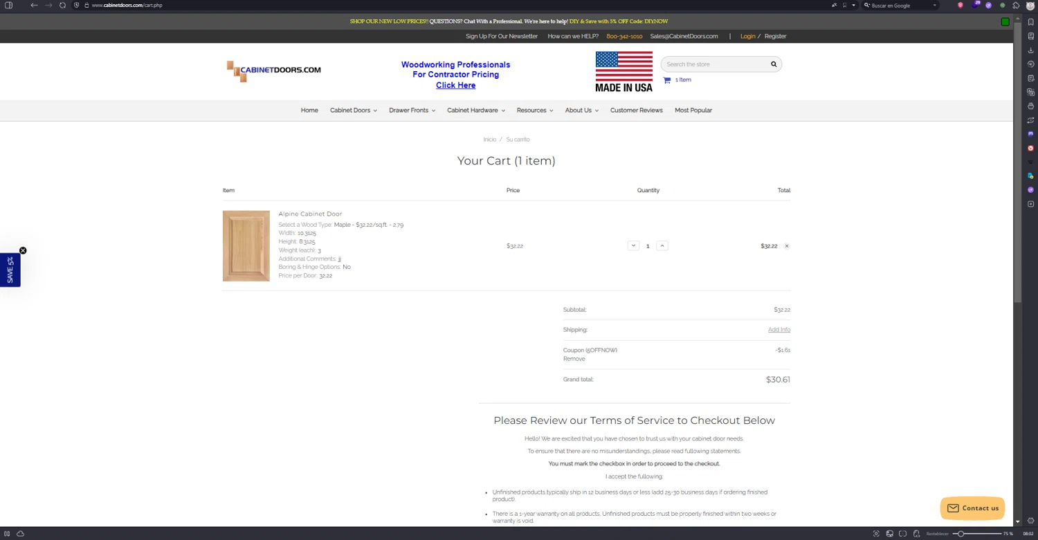 Cabinet Doors promo code screenshot showing code 5OFFNOW applied at Cabinet Doors checkout page. Uploaded by SimplyCodes community member zzzzzzza on Jun 9, 2025