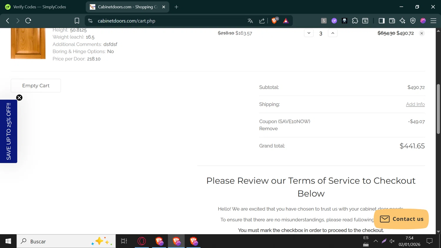 Cabinet Doors checkout page showing Cabinet Doors promo code box | Screenshot taken by SimplyCodes community member on Jan 2, 2026