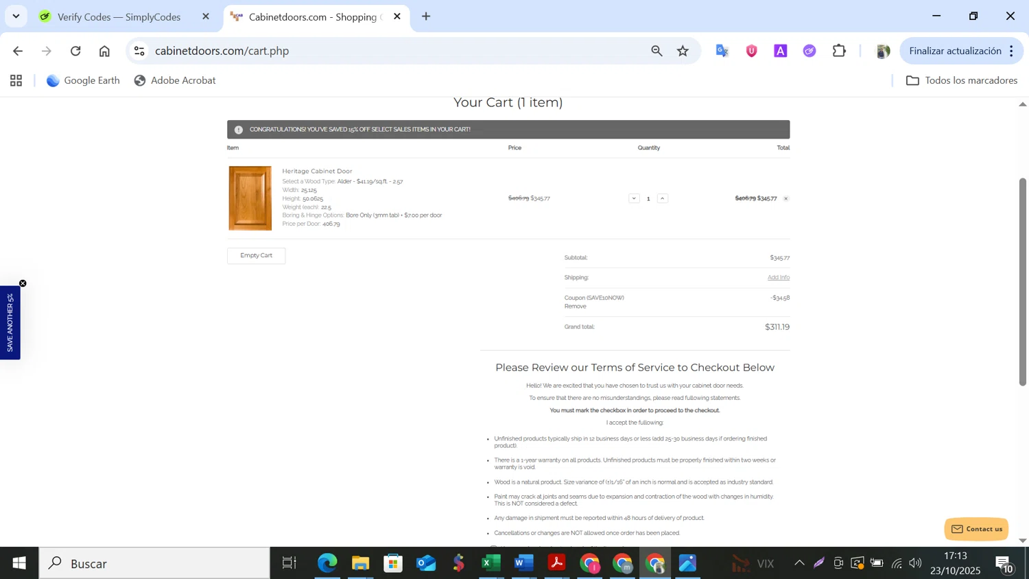 Cabinet Doors promo code screenshot showing code SAVE10NOW applied at Cabinet Doors checkout page. Uploaded by SimplyCodes community member NobleMonarch5837 on Oct 23, 2025
