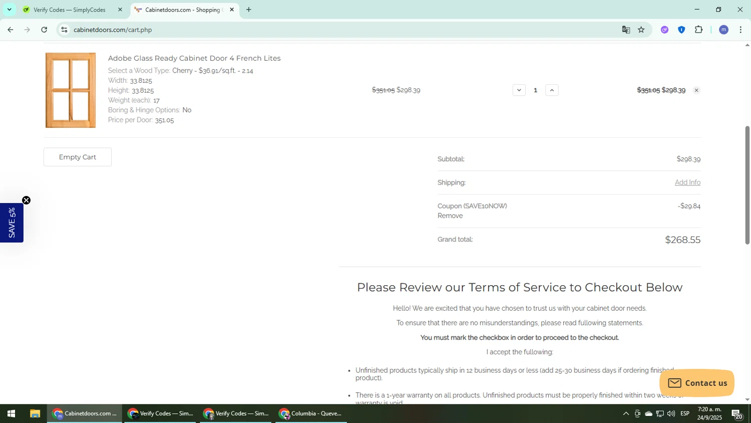 Cabinet Doors promo code screenshot showing code SAVE10NOW applied at Cabinet Doors checkout page. Uploaded by SimplyCodes community member QuestDefender2661 on Sep 24, 2025