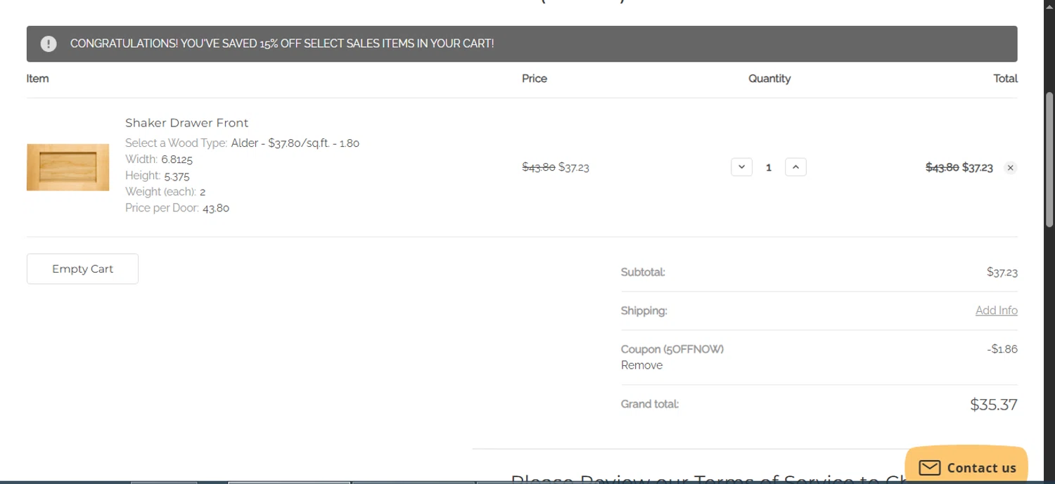 Cabinet Doors promo code screenshot showing code 5OFFNOW applied at Cabinet Doors checkout page. Uploaded by SimplyCodes community member Aleestuse on Oct 1, 2025