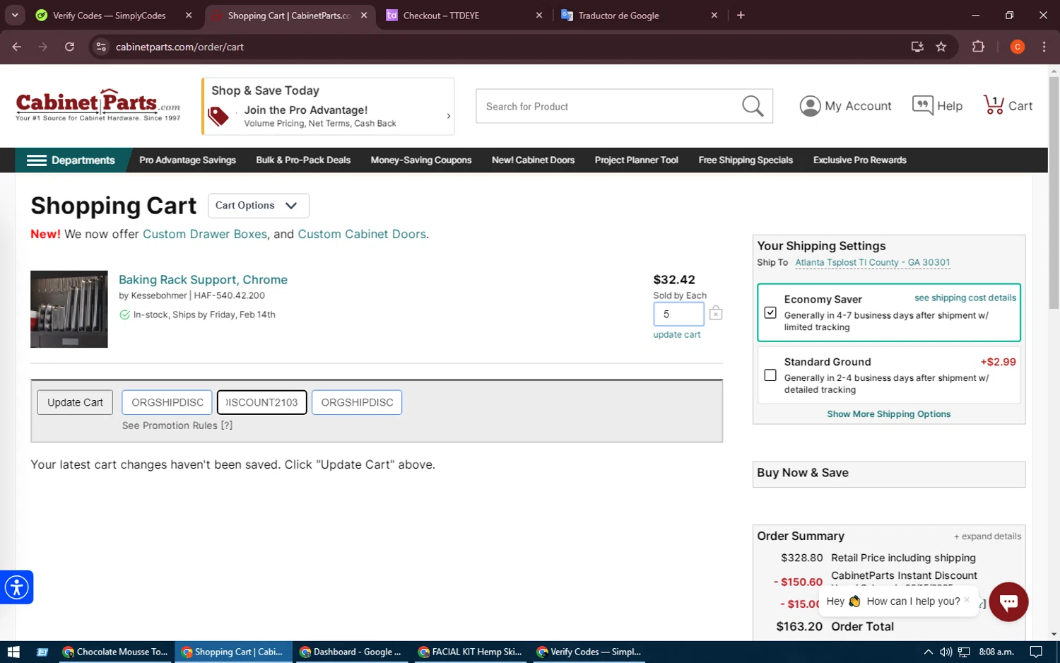 CabinetParts.com coupon code screenshot showing code ORGSHIPDISCOUNT2103 applied at CabinetParts.com checkout page. Uploaded by SimplyCodes community member RoyalHawk6408 on Feb 13, 2025