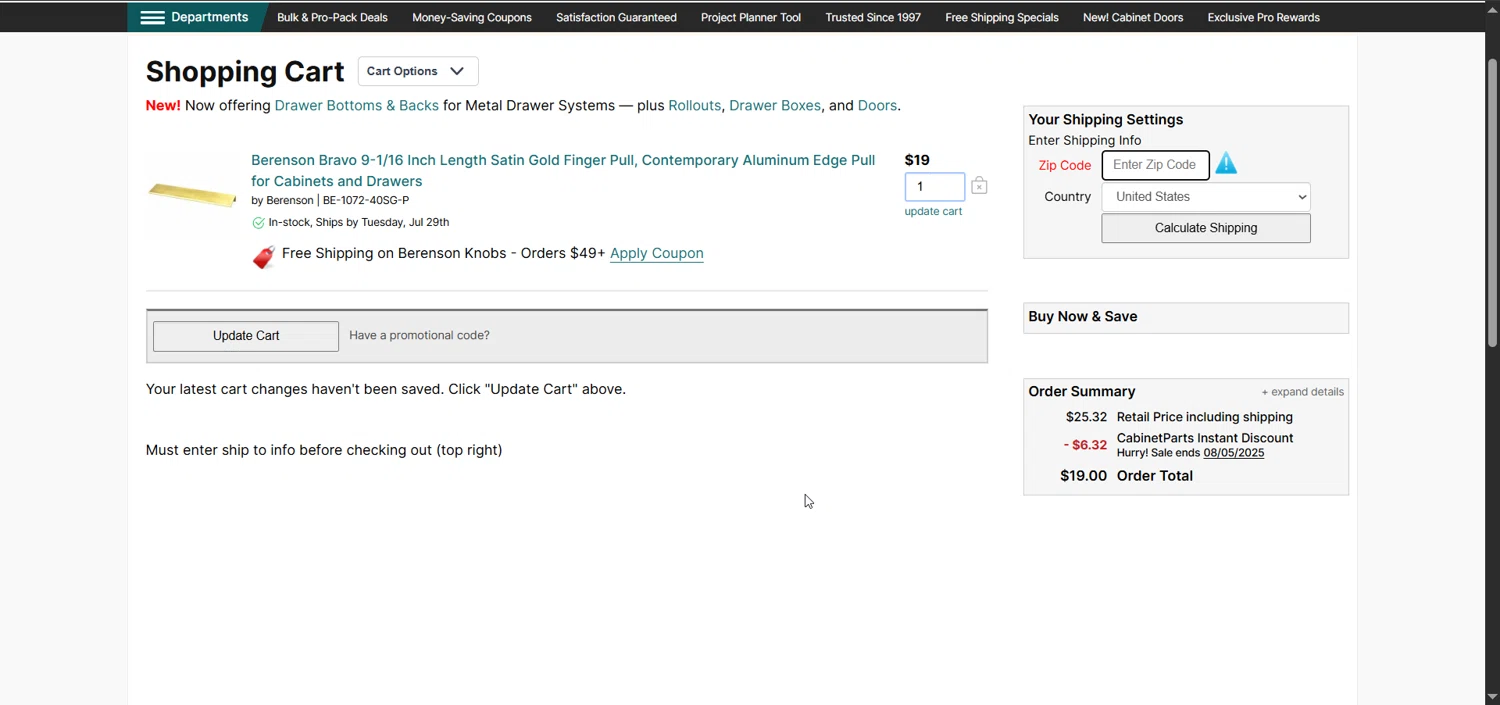 CabinetParts.com coupon code screenshot showing code DGD201496 applied at CabinetParts.com checkout page. Uploaded by SimplyCodes community member Raibelys_18 on Jul 27, 2025