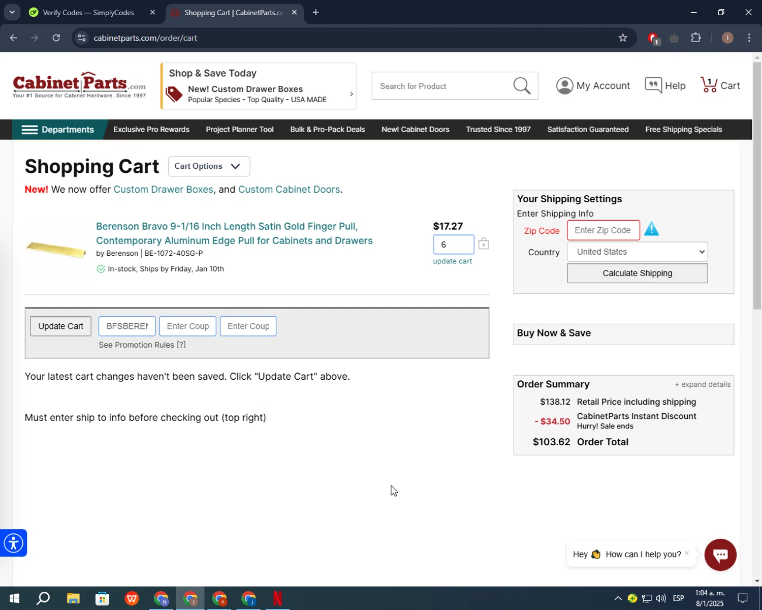CabinetParts.com coupon code screenshot showing code DGD201496 applied at CabinetParts.com checkout page. Uploaded by SimplyCodes community member CashSleuth106 on Jan 8, 2025