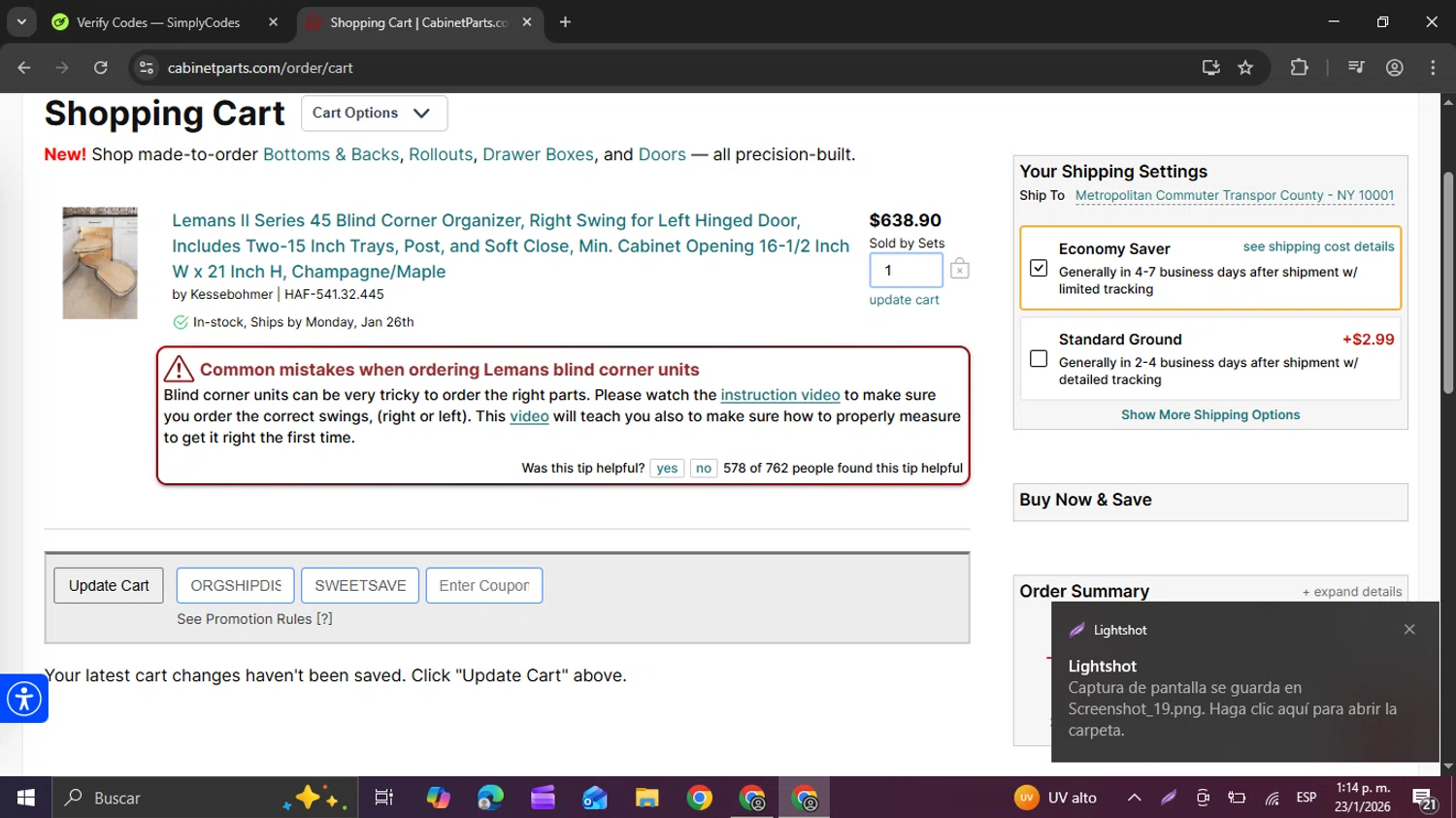 CabinetParts.com checkout page showing CabinetParts.com coupon code box | Screenshot taken by SimplyCodes community member on Jan 23, 2026
