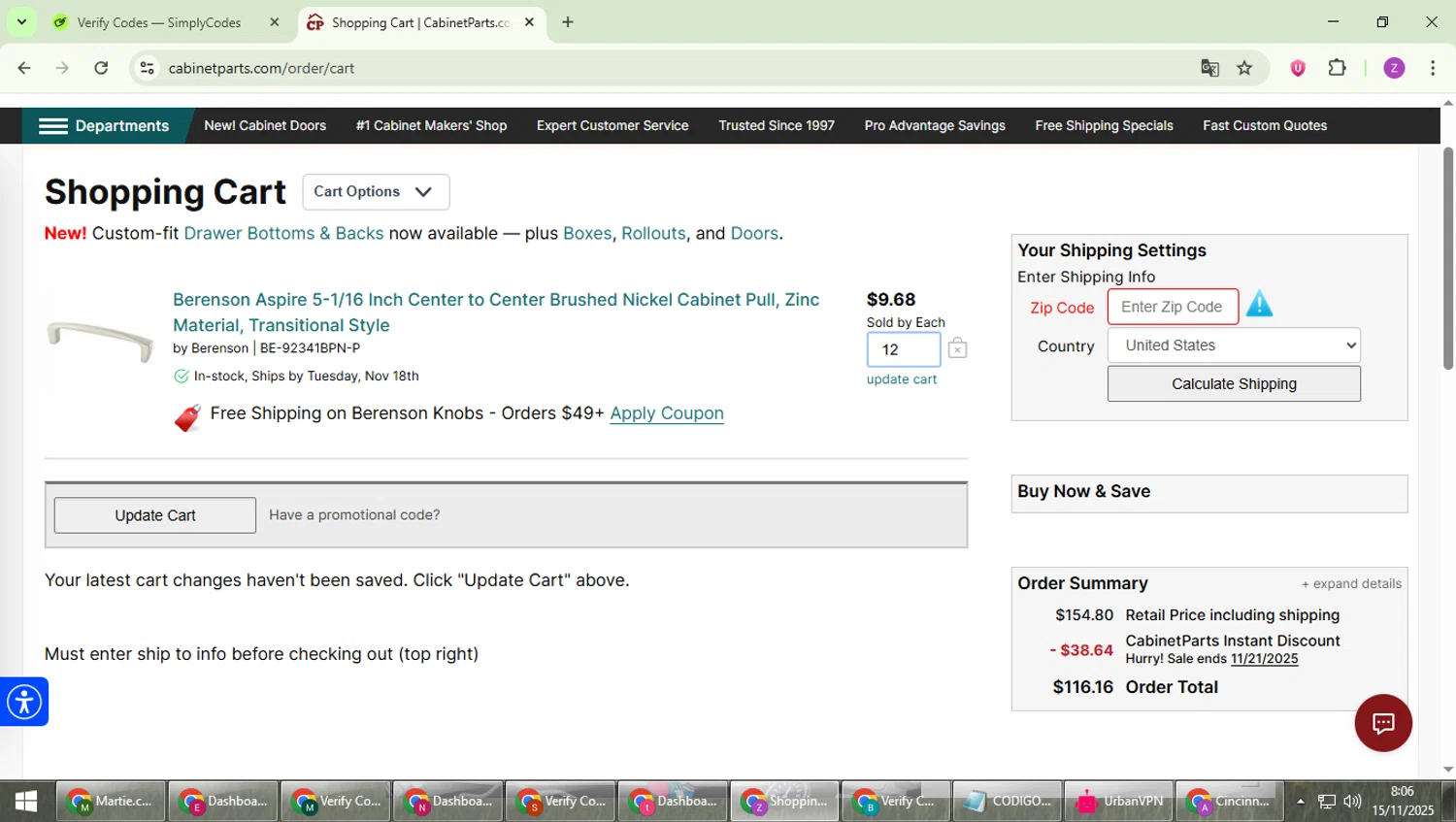 CabinetParts.com coupon code screenshot showing code SWEETSAVE2022 applied at CabinetParts.com checkout page. Uploaded by SimplyCodes community member ValiantFinder3275 on Nov 15, 2025