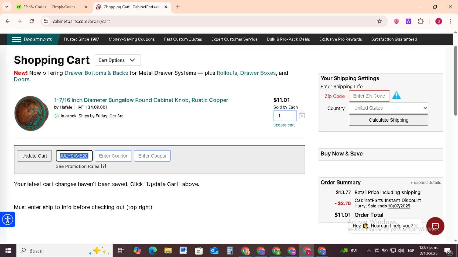 CabinetParts.com coupon code screenshot showing code JULYSAVE2024 applied at CabinetParts.com checkout page. Uploaded by SimplyCodes community member FrugalMonarch7277 on Oct 2, 2025