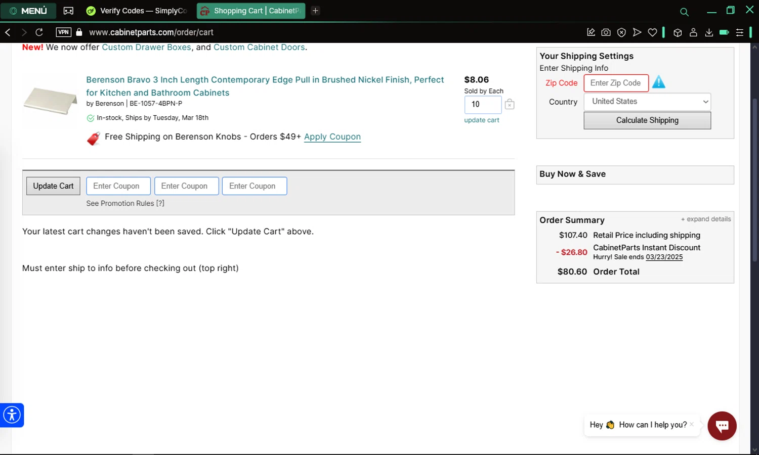 CabinetParts.com coupon code screenshot showing code JULYSAVE2024 applied at CabinetParts.com checkout page. Uploaded by SimplyCodes community member omare29 on Mar 16, 2025