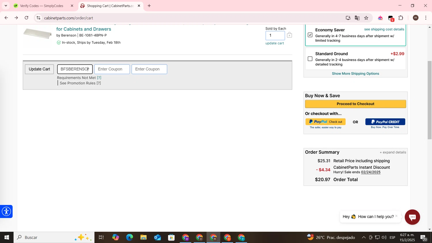 CabinetParts.com coupon code screenshot showing code JULYSAVE2024 applied at CabinetParts.com checkout page. Uploaded by SimplyCodes community member othmanmartinez on Feb 15, 2025