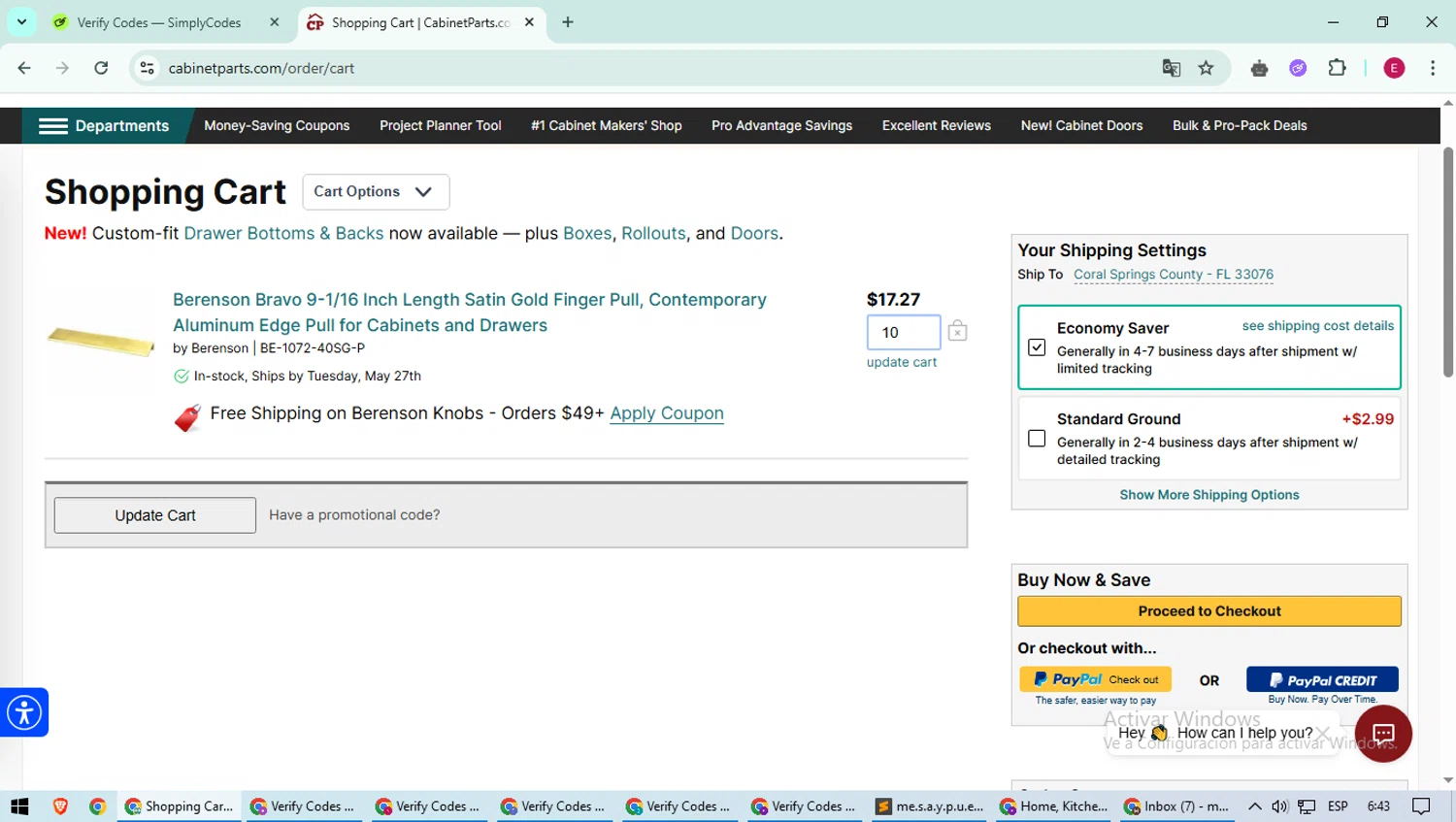 CabinetParts.com coupon code screenshot showing code SCARY2024 applied at CabinetParts.com checkout page. Uploaded by SimplyCodes community member BrilliantWhiz4434 on May 25, 2025