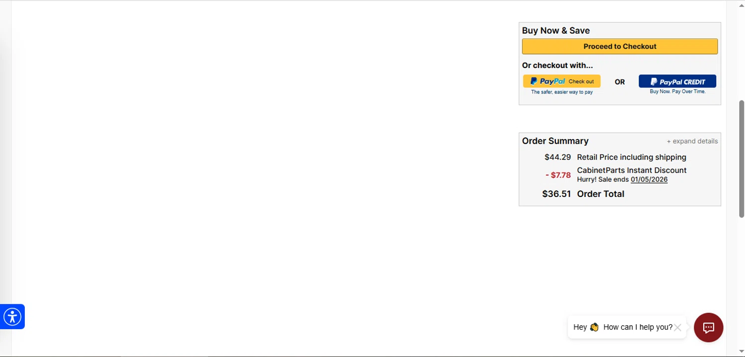 CabinetParts.com checkout page showing CabinetParts.com coupon code box | Screenshot taken by SimplyCodes community member on Jan 2, 2026
