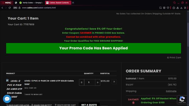 Cables checkout page showing Cables promo code box | Screenshot taken by SimplyCodes community member on Apr 25, 2025