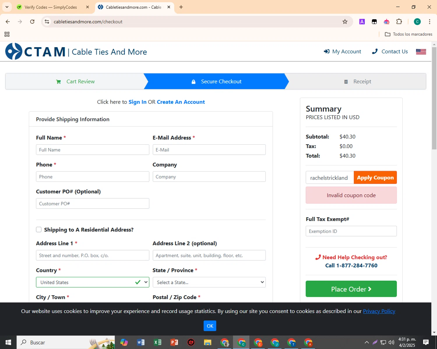 Cable Ties And More coupon code screenshot showing code SUMMER5 applied at Cable Ties And More checkout page. Uploaded by SimplyCodes community member EpicSpotter3493 on Feb 4, 2025