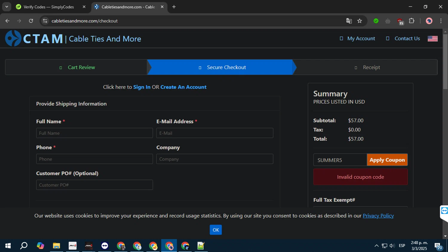 Cable Ties And More coupon code screenshot showing code SUMMER5 applied at Cable Ties And More checkout page. Uploaded by SimplyCodes community member FortunateTiger3302 on Mar 3, 2025