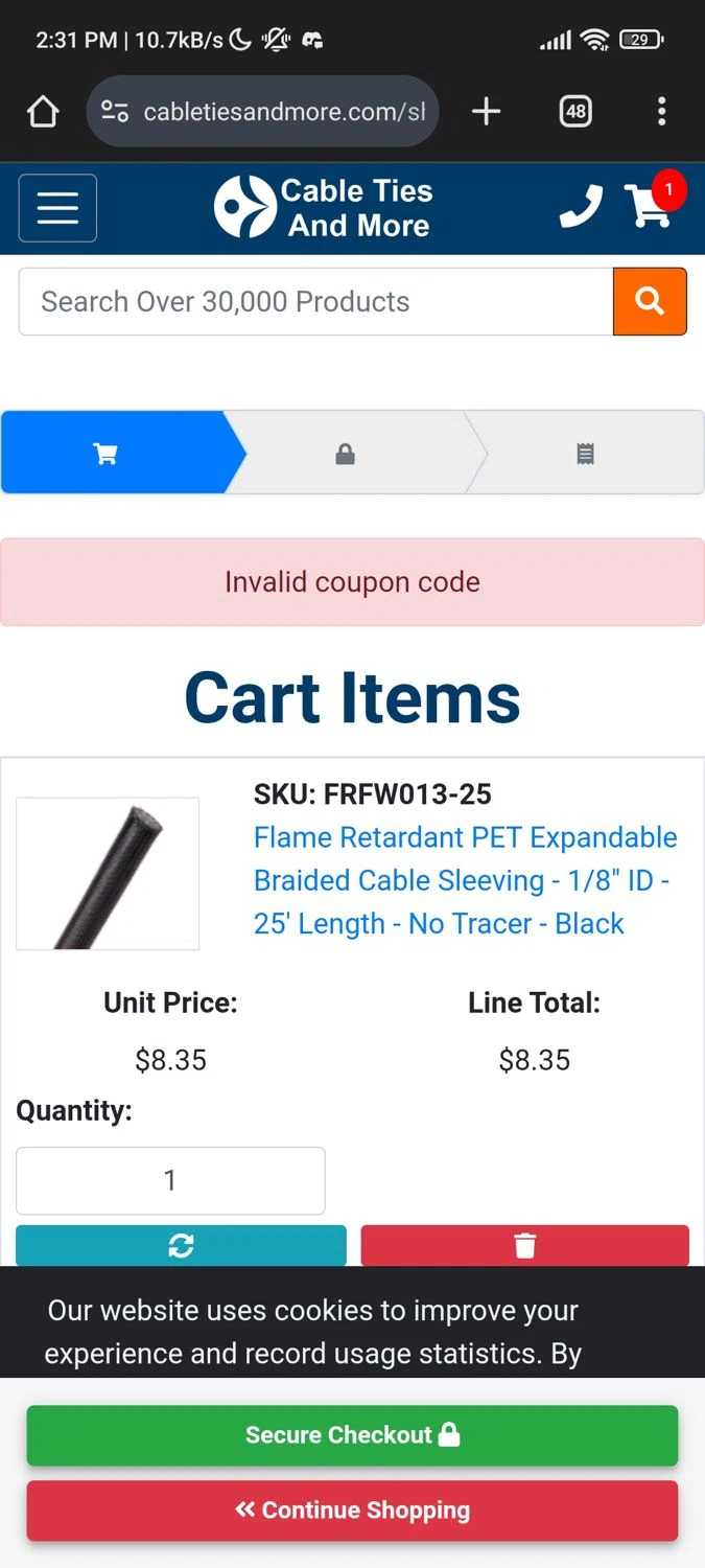 Cable Ties And More coupon code screenshot showing code SUMMER5 applied at Cable Ties And More checkout page. Uploaded by SimplyCodes community member MoneySeeker8573 on Mar 26, 2025