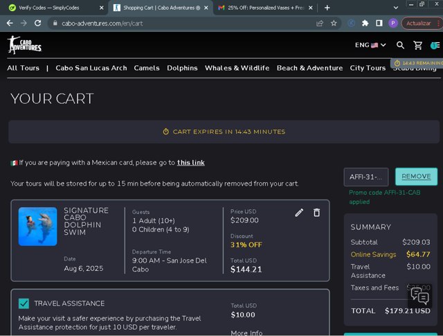 Cabo Adventures checkout page showing Cabo Adventures discount code box | Screenshot taken by SimplyCodes community member on Aug 5, 2025