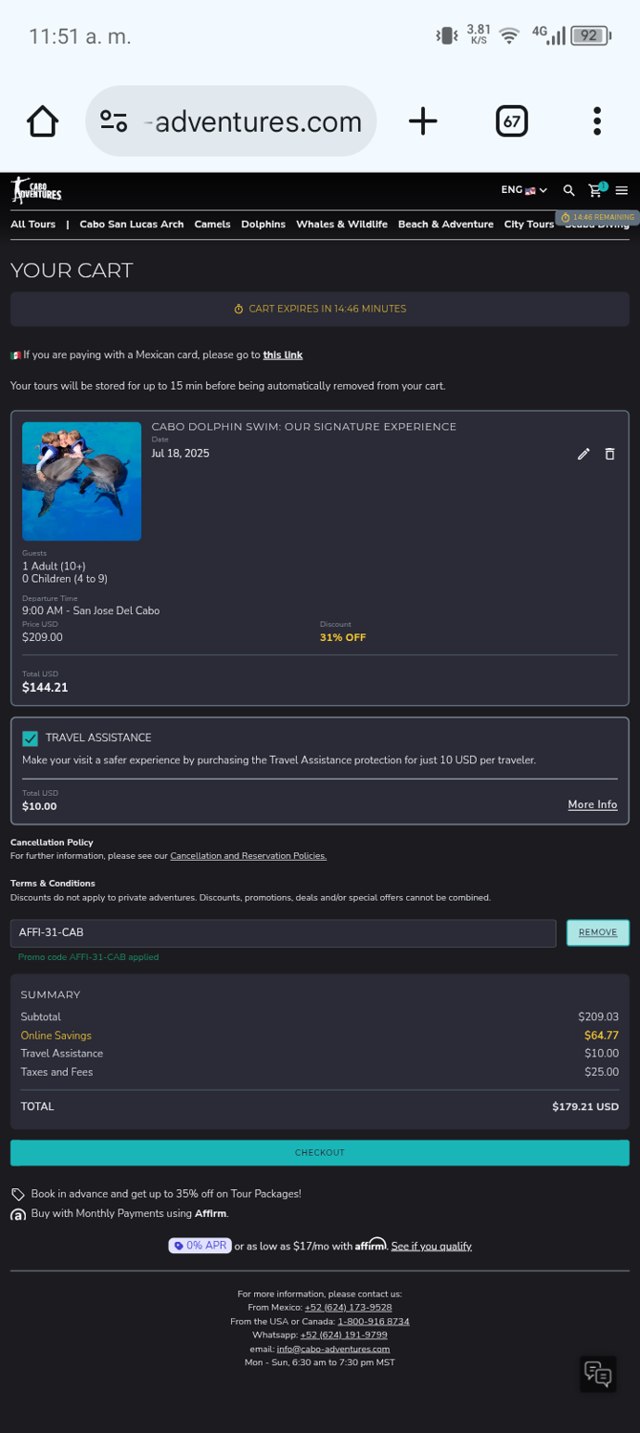 Cabo Adventures checkout page showing Cabo Adventures discount code box | Screenshot taken by SimplyCodes community member on Jul 17, 2025