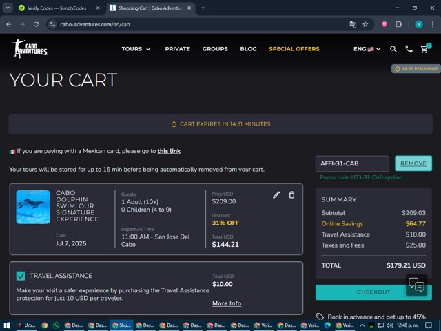 Cabo Adventures checkout page showing Cabo Adventures discount code box | Screenshot taken by SimplyCodes community member on Jul 6, 2025