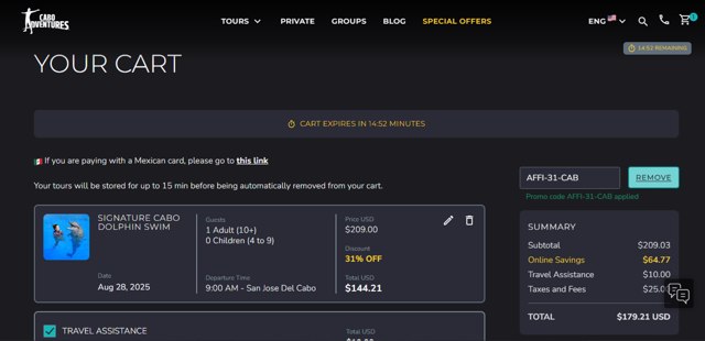 Cabo Adventures checkout page showing Cabo Adventures discount code box | Screenshot taken by SimplyCodes community member on Aug 27, 2025