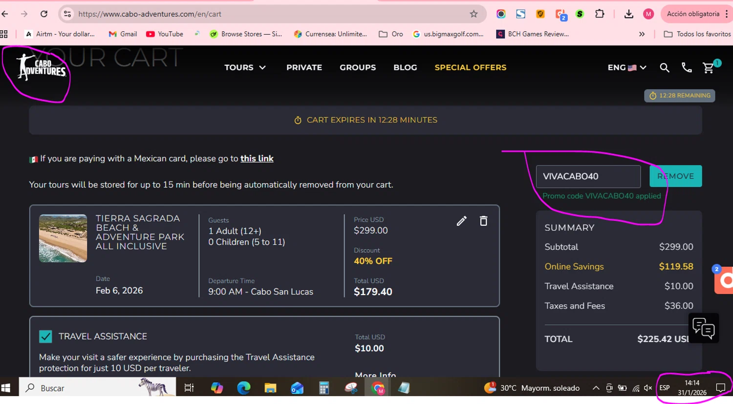 Cabo Adventures promo code screenshot showing code VIVACABO40 applied at Cabo Adventures checkout page. Uploaded by SimplyCodes community member mrdarcy on Jan 31, 2026