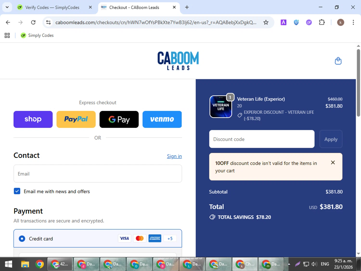 CABoom Leads promo code screenshot showing code 10OFF applied at CABoom Leads checkout page. Uploaded by SimplyCodes community member RewardRanger298 on Jan 23, 2026