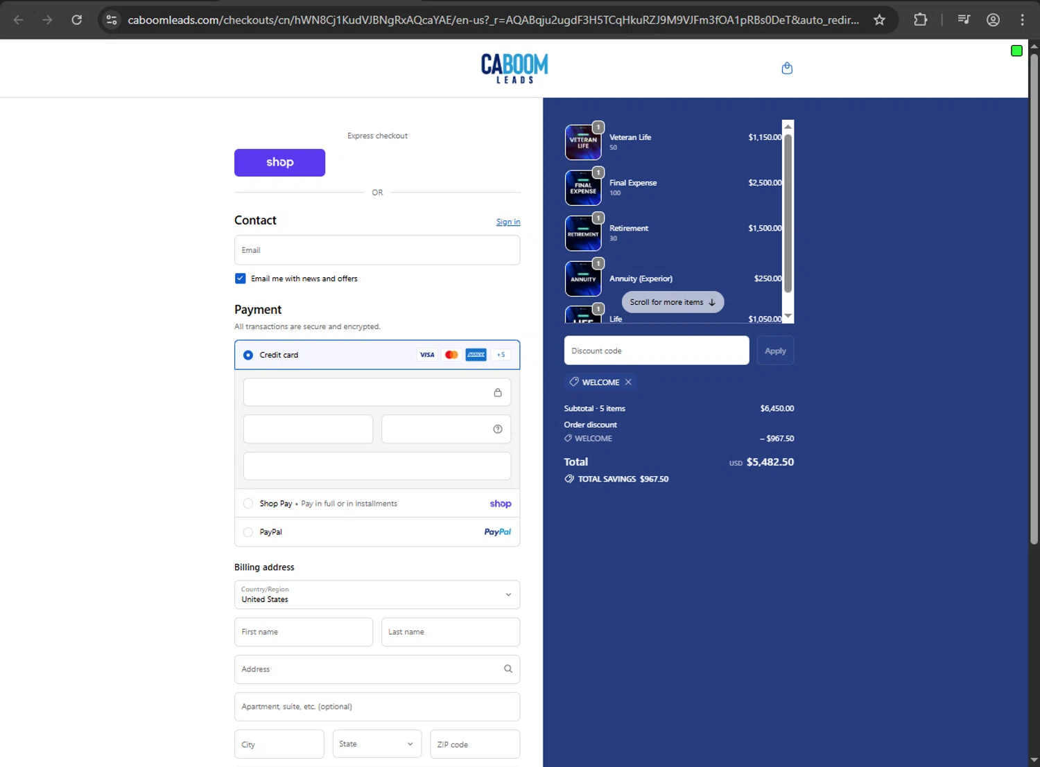 CABoom Leads promo code screenshot showing code WELCOME applied at CABoom Leads checkout page. Uploaded by SimplyCodes community member megagei on Jan 30, 2026