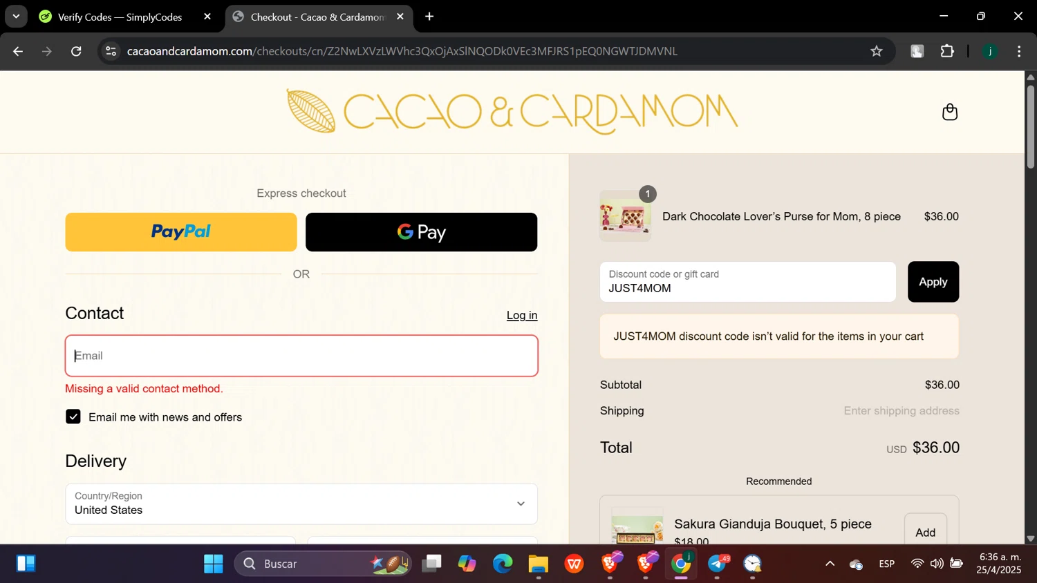 Cacao and Cardamom discount code screenshot showing code JUST4MOM applied at Cacao and Cardamom checkout page. Uploaded by SimplyCodes community member hanzell03 on Apr 25, 2025
