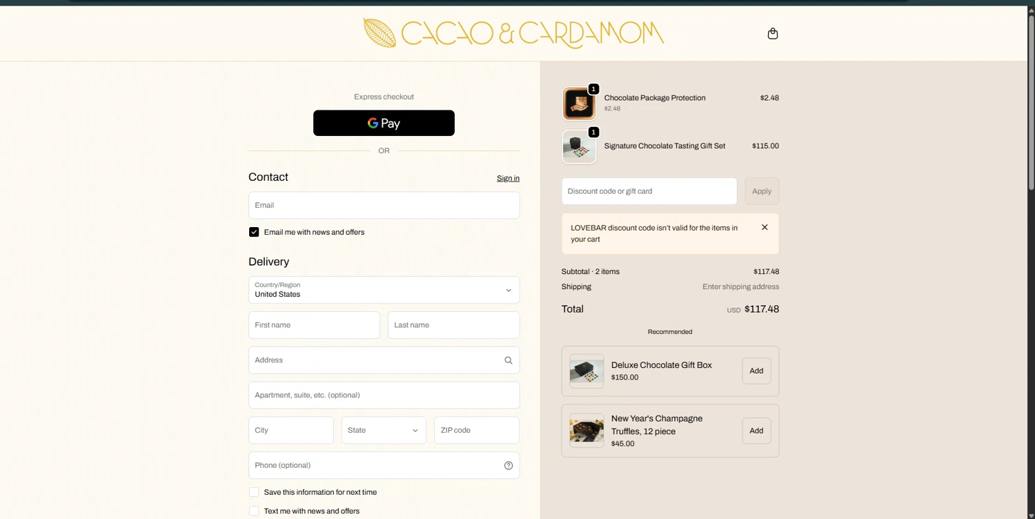 Cacao and Cardamom discount code screenshot showing code LOVEBAR applied at Cacao and Cardamom checkout page. Uploaded by SimplyCodes community member SwiftPhoenix267 on Dec 22, 2025