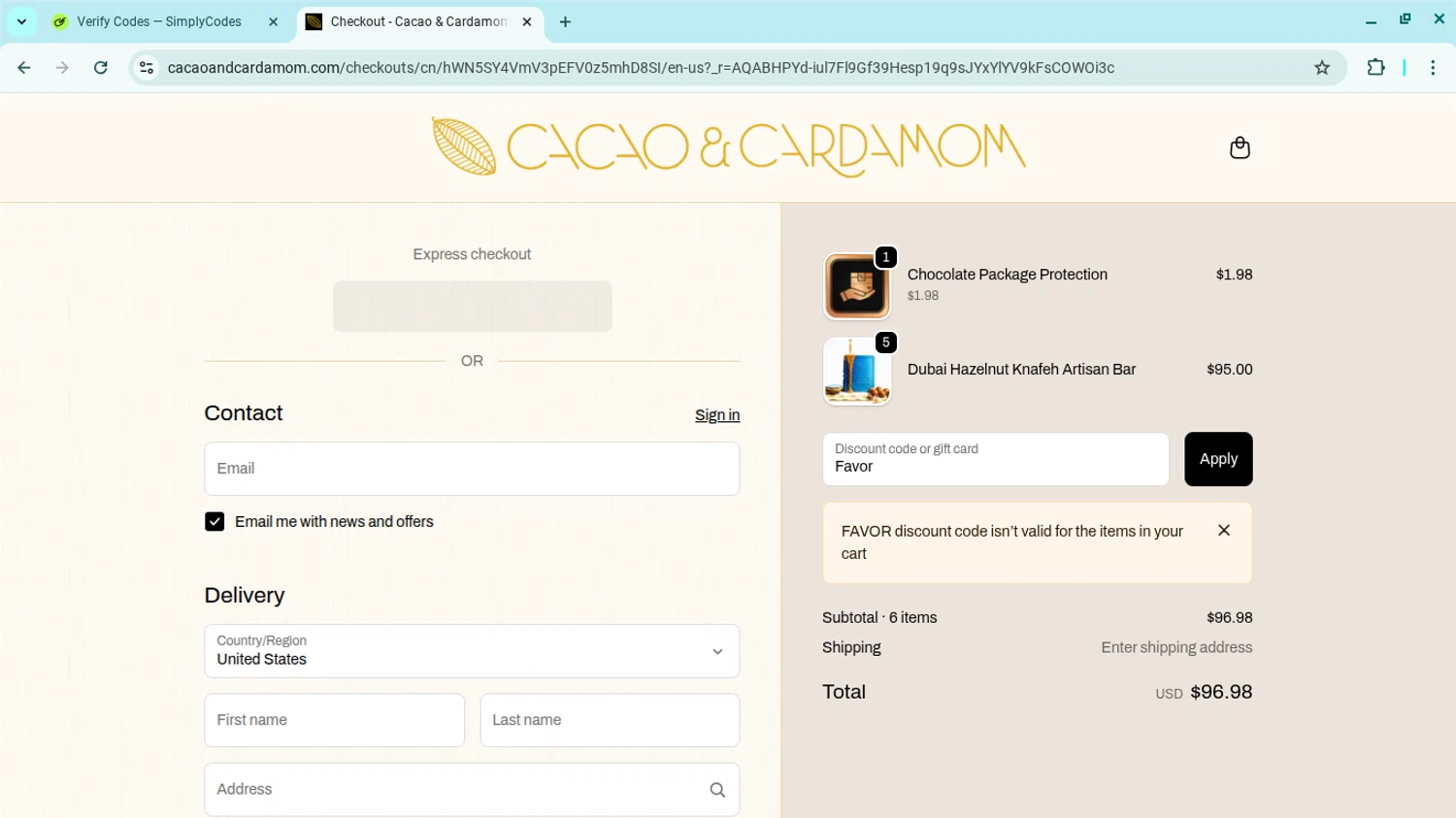 Cacao and Cardamom discount code screenshot showing code Favor applied at Cacao and Cardamom checkout page. Uploaded by SimplyCodes community member SwiftSage2309 on Nov 19, 2025