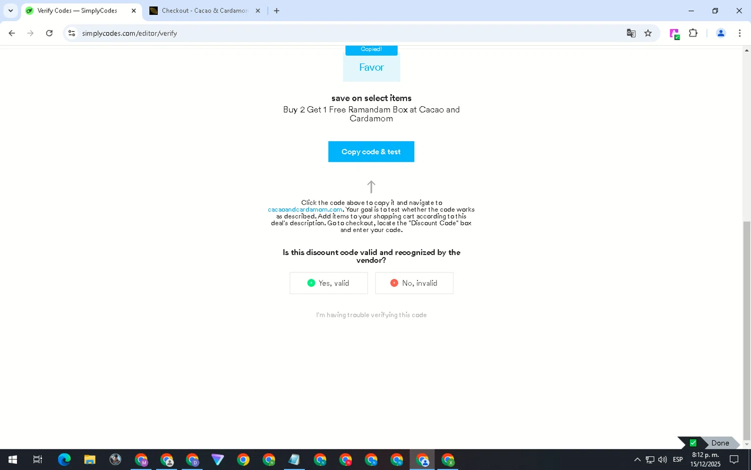 Cacao and Cardamom discount code screenshot showing code Favor applied at Cacao and Cardamom checkout page. Uploaded by SimplyCodes community member WiseHero7115 on Dec 16, 2025