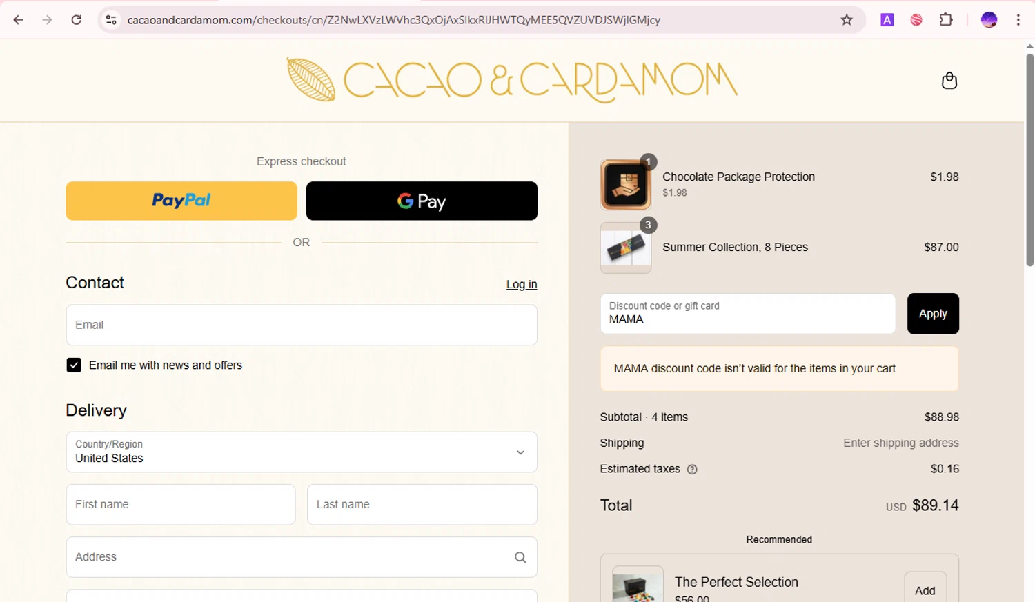 Cacao and Cardamom discount code screenshot showing code MAMA applied at Cacao and Cardamom checkout page. Uploaded by SimplyCodes community member ShieldTitan9442 on Jun 18, 2025
